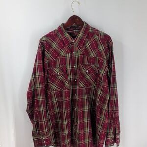 Canyon Guide‎ Long Sleeve Pearl Snap Retro Plaid Cowboy Western Shirt Red 2X